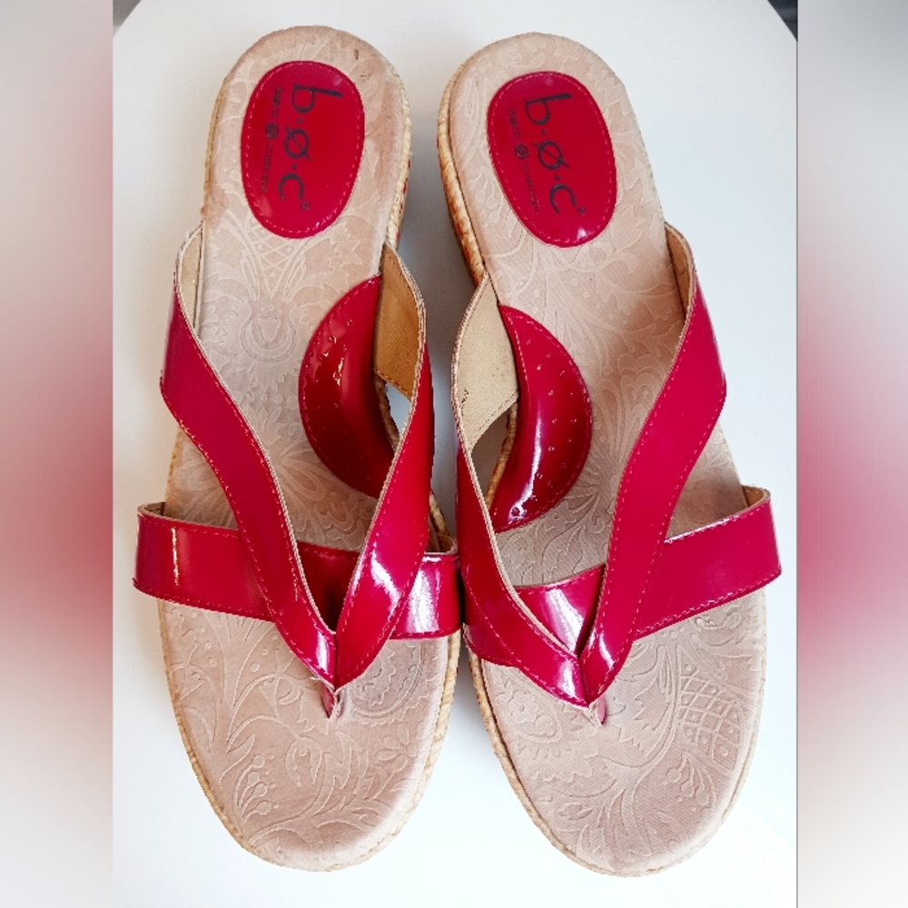 B.O.C. Red leather slide-on wedges.